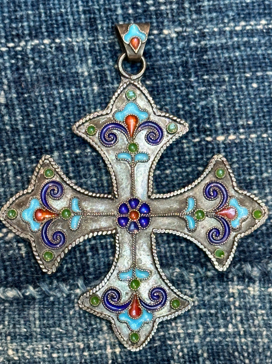 Vintage Sterling Silver & Enamel Cross Pendent