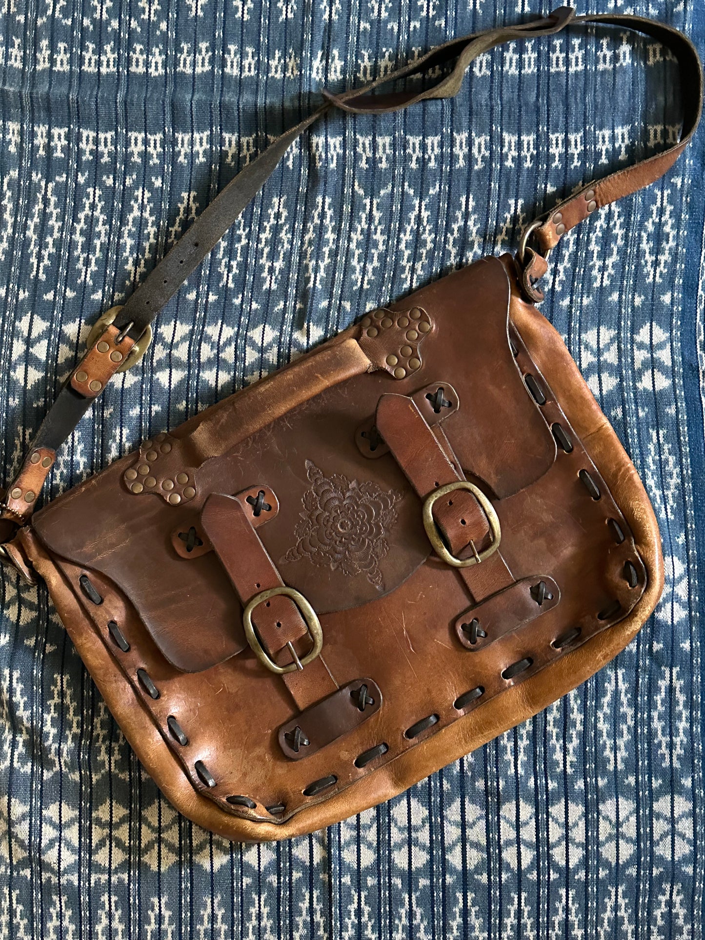 SOLD - 70s Hippy Hand Made Leather Cross Body Bag