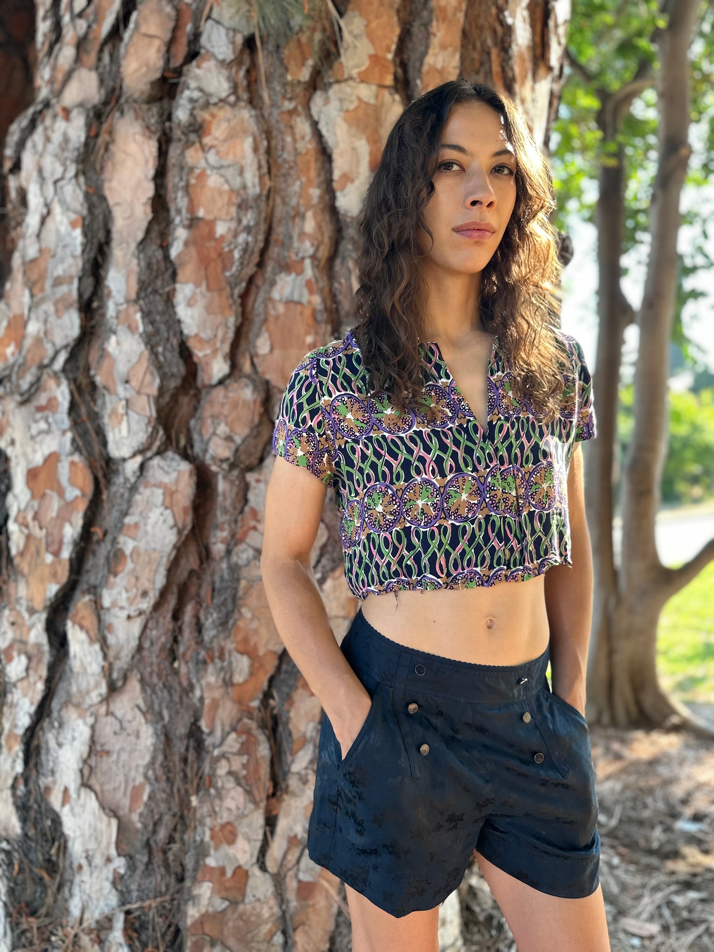 SOLD - 40s Vintage  Rayon Graphic Crop Top