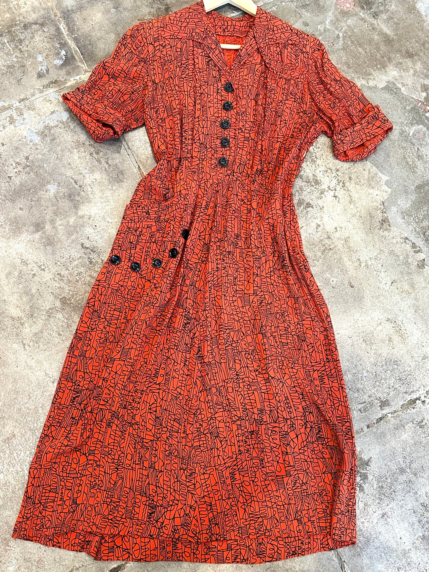 1940s Red & Black Rayon Graphic Print Dress