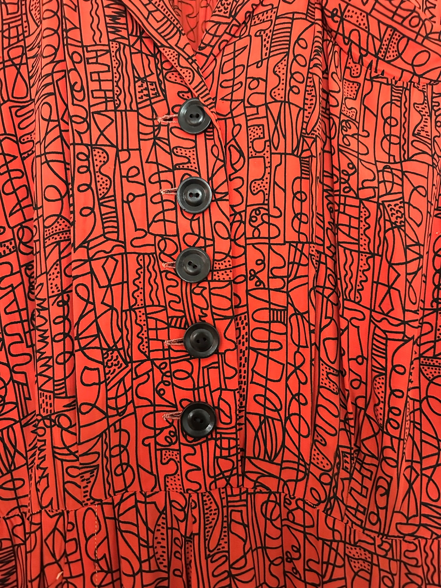 1940s Red & Black Rayon Graphic Print Dress