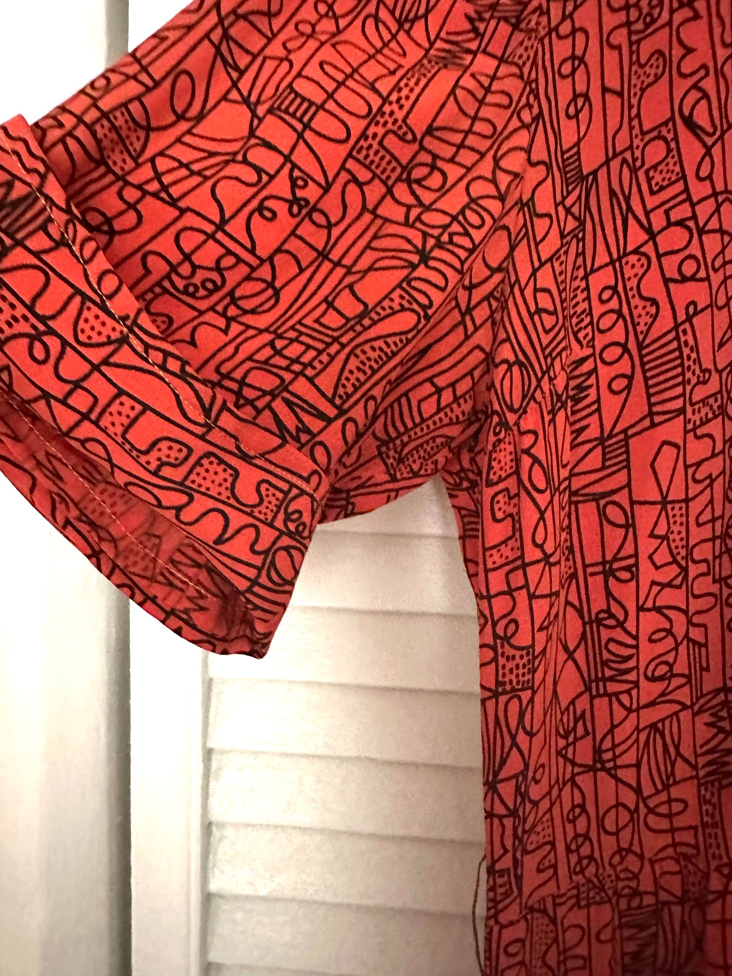 1940s Red & Black Rayon Graphic Print Dress