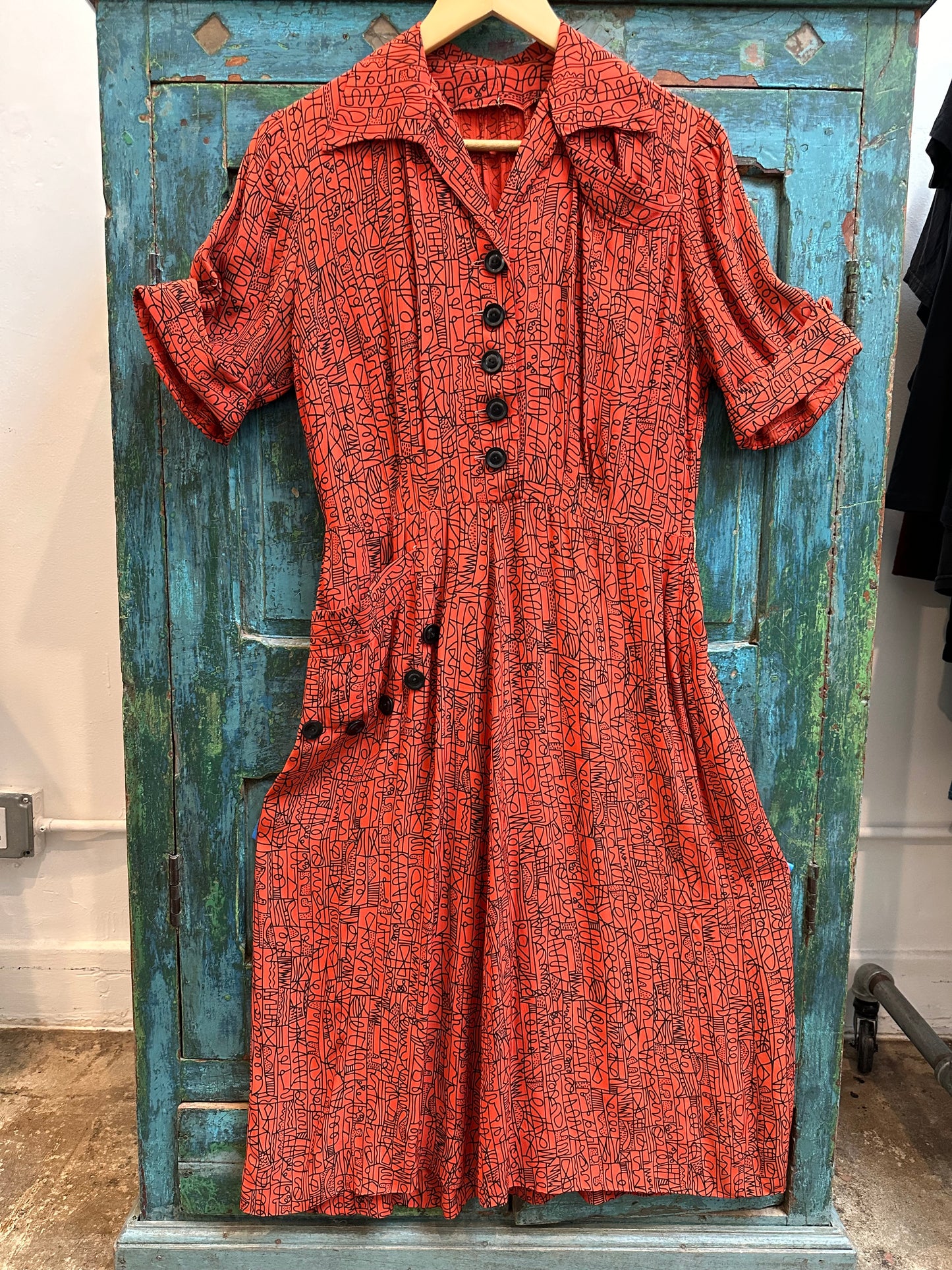 1940s Red & Black Rayon Graphic Print Dress