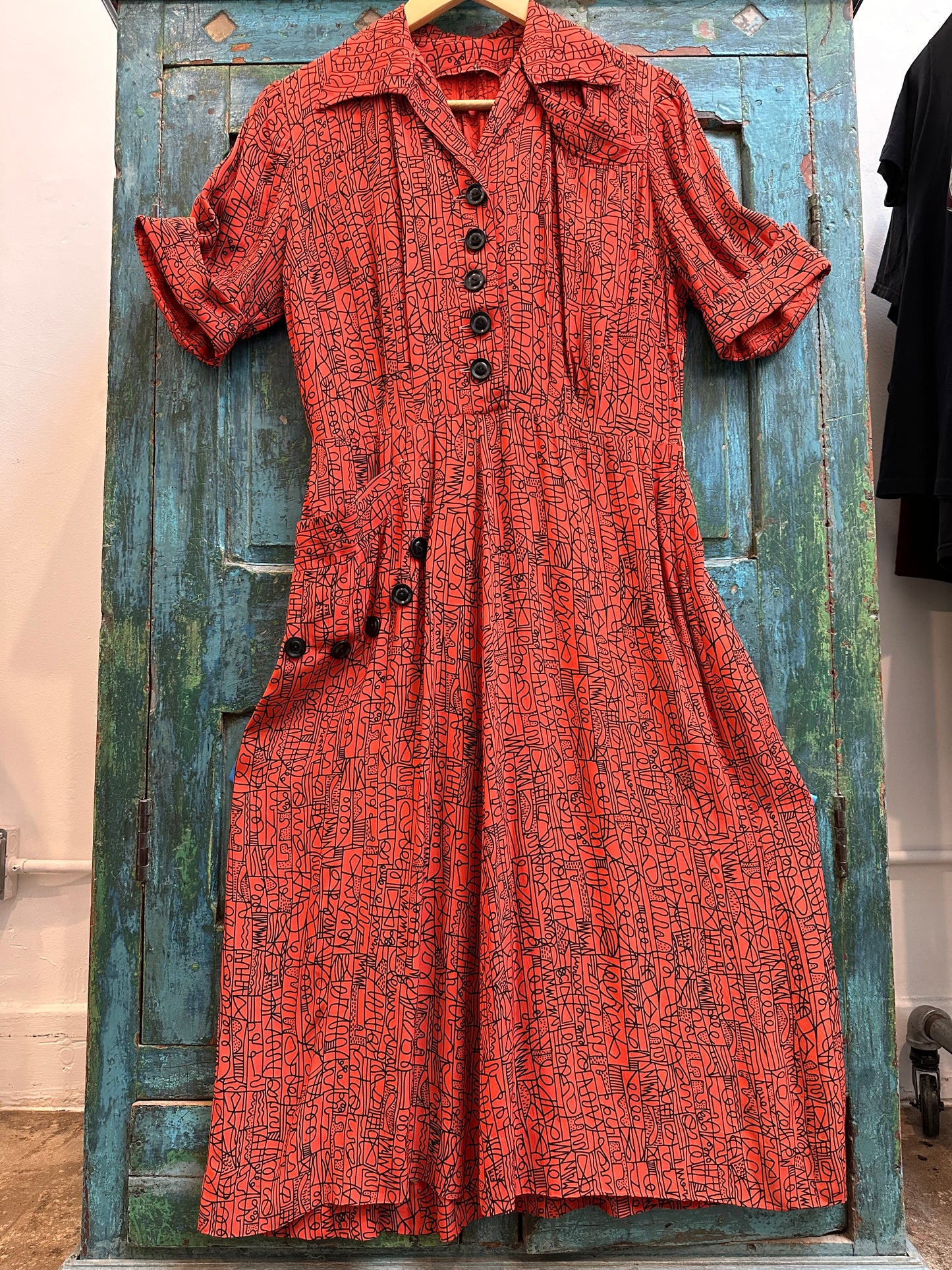 1940s Red & Black Rayon Graphic Print Dress