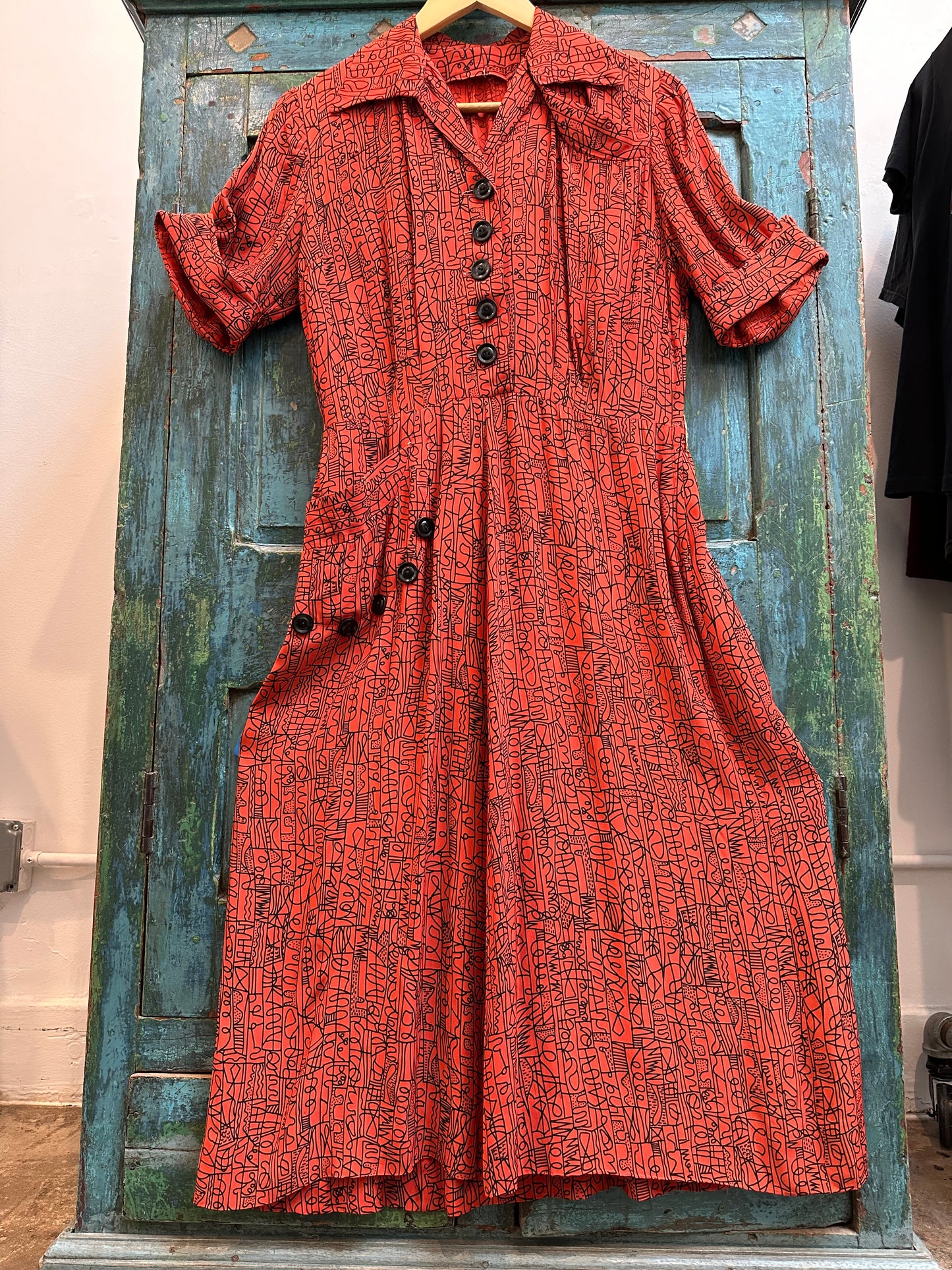 1940s Red & Black Rayon Graphic Print Dress