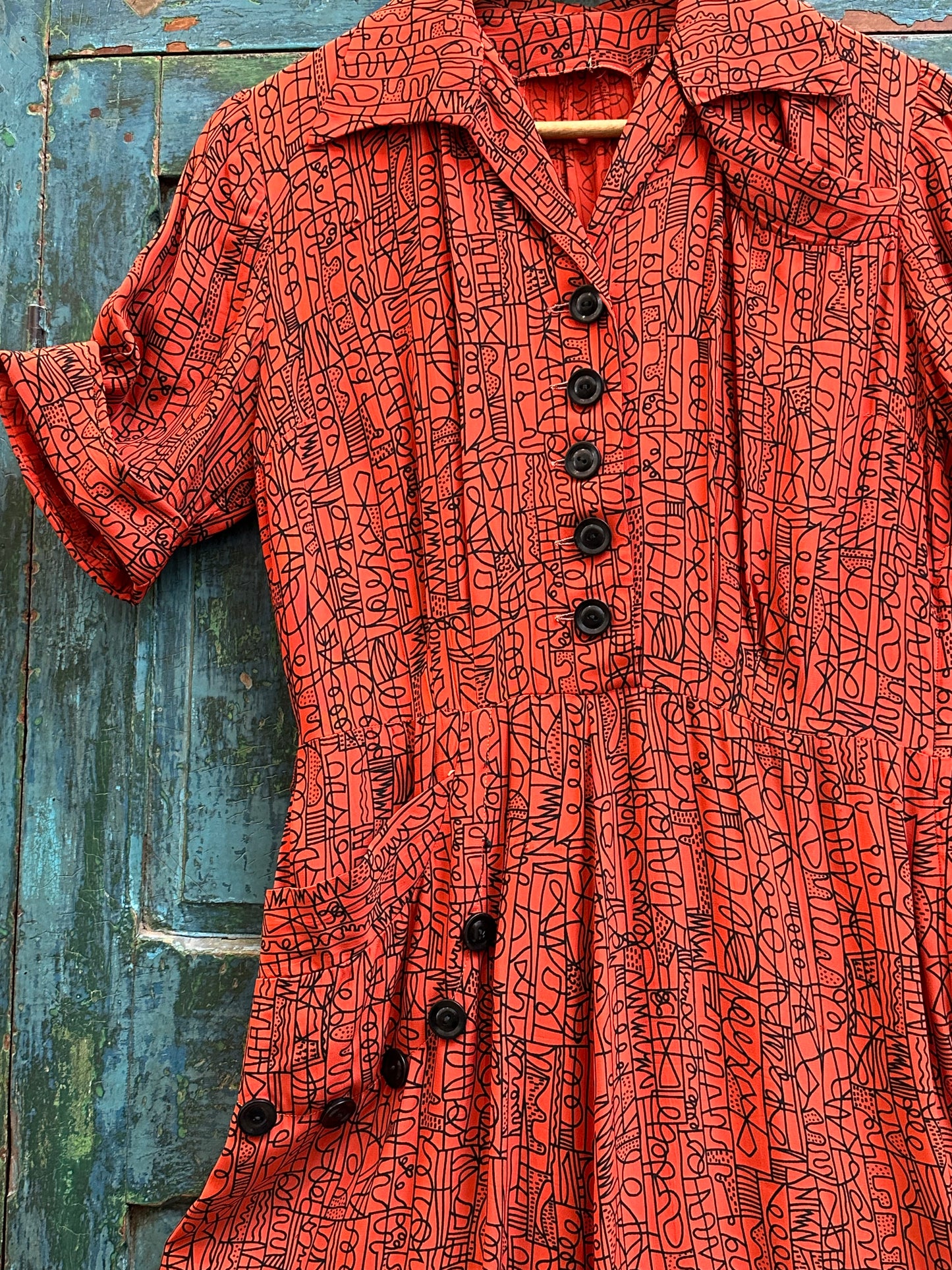 1940s Red & Black Rayon Graphic Print Dress