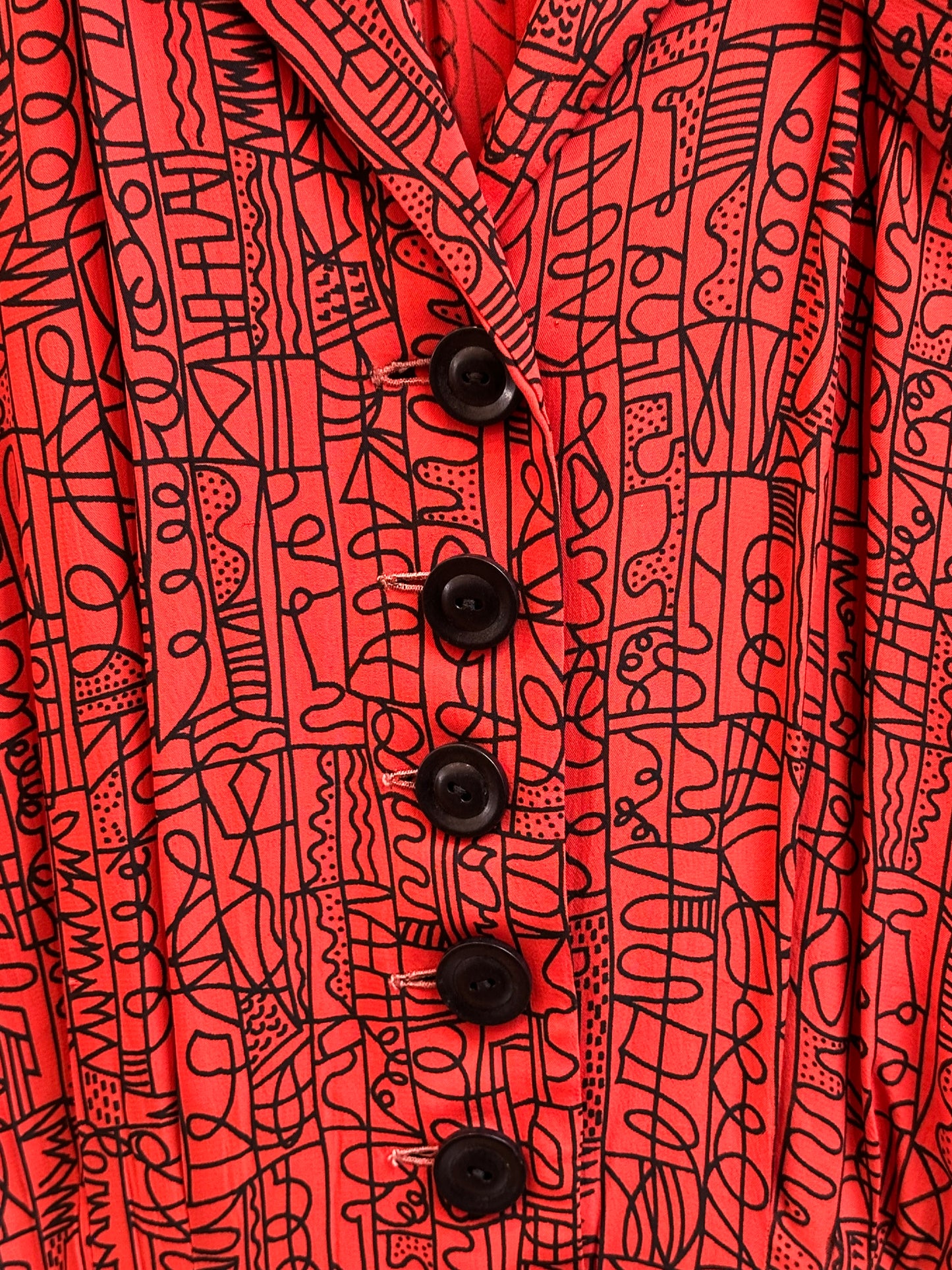 1940s Red & Black Rayon Graphic Print Dress