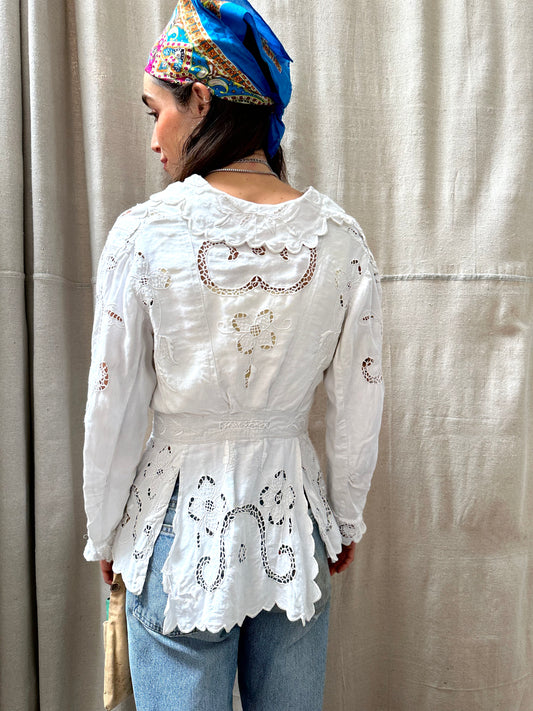 Sold • Antique Edwardian Linen Embroidered Peplum Jacket