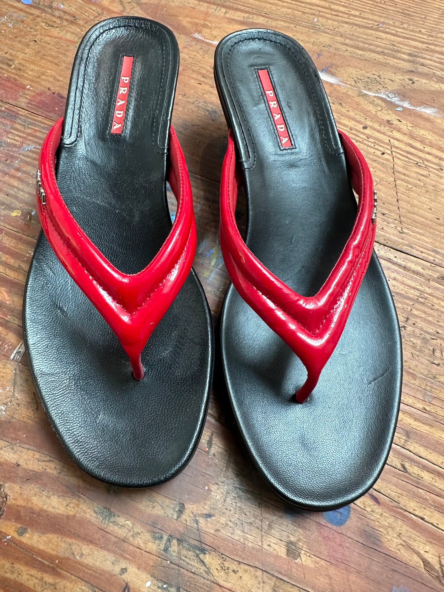 SOLD • Prada Black & Red Leather - Patent Leather Sandals - Dead Stock