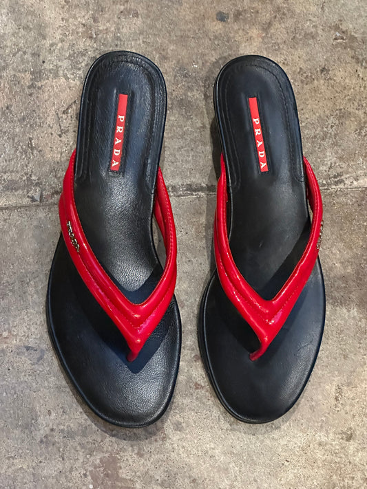 SOLD • Prada Black & Red Leather - Patent Leather Sandals - Dead Stock