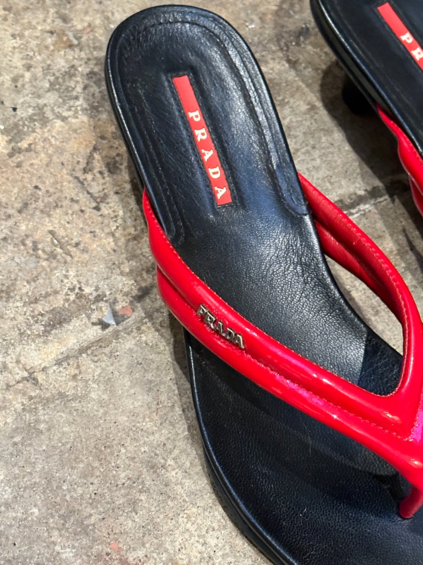 SOLD • Prada Black & Red Leather - Patent Leather Sandals - Dead Stock